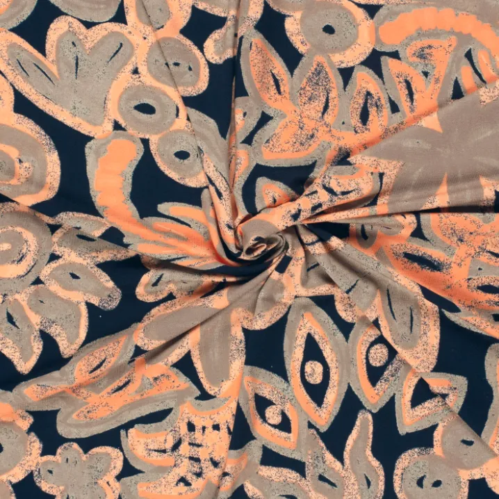 Viscose tricot bedrukt bloemen oranje   -  My Image